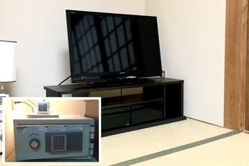 東京セントラルユースホステルの和室客室のテレビと金庫